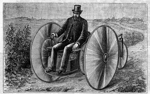Aplicação de baterias Faure: triciclo eléctrico em movimento através do acumulador. Gravação no "Le Monde Illustré". de Unknown artist