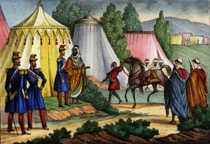Líder árabe oferece um cavalo a um oficial do exército francês de África, Argélia de Unknown artist