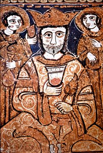 Retrato em estilo Arabonormand de Roger II da Sicília (1095-1154) rodeia altos dignitários. Pintura em madeira do século XII. Palermo, Cappella Palatina del Palazzo Reale (Capela Palatina do Palácio Real) Sicília, Itália de Unknown artist