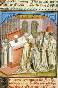 Arcebispo coroado Philippe Auguste em 1179 - Iluminação da Idade Média (ref. 512, 226r) Pedir permissão à Biblioteca Municipal de Toulouse (tel: 05 62 27 66 66) de Unknown artist