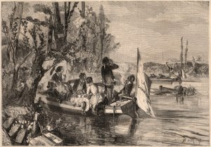 Por Paris, em 1857. Os canoístas em Asnieres. Gravura em "Le Monde illustrious" de 1857. Colecção privada. de Unknown artist