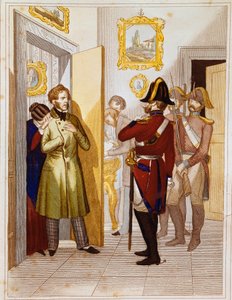 Prisão do patriota Federico Confalonieri (1785-1846), pelas tropas italianas. Gravura do Museo del Risorgimento do século XIX, Roma de Unknown artist