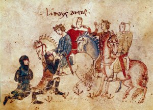 Arthurian Legend: "Rei Artur amolecendo cavaleiros (Meliadus (ou Meliodas), Esclabor e Arfasar (ou Arphasar)" Miniatura de "Meliadus, irmão de Tristão" Século XIV Veneza Biblioteca Marciana de Unknown artist