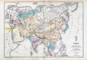 Ásia na época do maior domínio mongol sob o domínio de Qubilai (Kubilai Khan) (1260-1294) - Mapa preparado por M J-H Schnitzler, Atlas Histórico e Pitoresco 1857 de Unknown artist