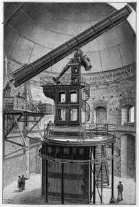 Óculos astronómicos do Sr. Janssen, Membro do Instituto, Director do Observatório de Astronomia Física em Meudon. Gravura em "La Nature: Revue des sciences et de leurs applications aux arts et a l