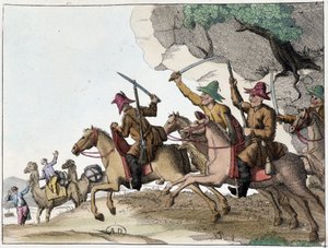 Ataque de caravana de camelos por um grupo de quirguizes (povo turco da Ásia Central de origem mongol) a cavalo, Deb. Século XIX de Unknown artist