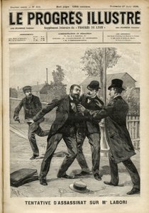 Ataque ao Sr. Fernand Labori (1860-1917), advogado de defesa de Alfred Dreyfus (1859-1935), atingido com uma bala nas costas em Rennes quando estava a caminho do local onde o caso foi julgado. Capa de "The Progres Illustré", de agosto de 1899 (gravada de Unknown artist