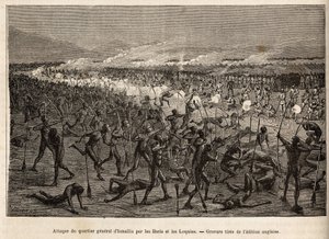 Ataque à sede de Ismailia (Egipto), por uma coligação de baris e loquias armas de arco e flecha, a expedição de Sir Baker retalia com espingardas e repele os atacantes, gravando uma imagem de uma expedição armada na África Central, para o de Unknown artist