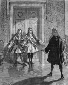 Agosto 1718: Saint Simon (Saint-Simon) (Louis de Rouvroy, Duque de) (1675-1755) bloqueando a passagem para o Duque do Maine (Louis Auguste (Louis-Auguste) de Bourbon) (1670-1736). Gravura do século XIX. No "Histoire de France" de Jules Michelet de Unknown artist