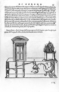 Mecanismo automático desenhado por Heron of Alexandria (o Ancião) (século I) para abrir e fechar as portas de um templo. Garça, Spiritalia de Unknown artist