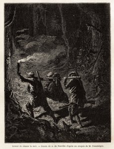 De volta da caça à noite, a presa, um urso, é amarrada e suspensa de um ramo que os caçadores carregam no ombro. Gravura para ilustrar a história Quatre mois en Florida, de M. Pousselgue, em 1851-1852, publicada em "le tour du monde", sob de Unknown artist