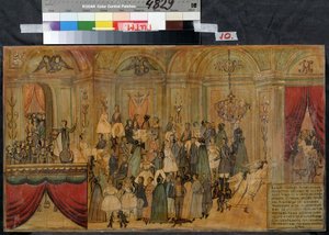 Traje de baile com o diabo (Baile à fantasia com o diabo). Desenho anônimo, início do século XIX, aquarela e guache sobre papel. State Central A. Bakhrushin Theatre Museum, Moscou de Unknown artist