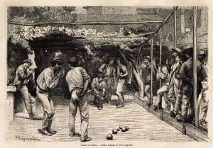 Jogadores de bola em Roma (Itália). Gravura para ilustrar a viagem a Roma, de Francis Wey, em 1864-1868, publicada na "Le tour du monde, nouveau journal des voyages", sob a direcção de Edouard Charton. de Unknown artist