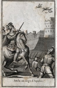 Invasões bárbaras - Attila (ca. 406-453), rei dos hunos, durante o cerco de Aquilee (Aquileia) na Itália, 452. Gravura em "Beaute de l