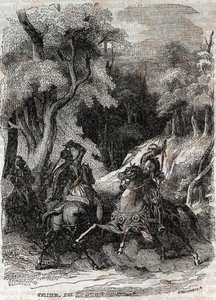 Batalha entre Roland e Ferragus - Gravura de 1851 de "Furious Roland" (Orlando furioso) (século XVI) de Ludovico Ariosto, conhecido como Ariosta - Edição traduzida do italiano pelo Conde de Tressan e publicada por Gustave Harvard 1851 de Unknown artist