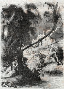 Batalha de Griffon e Aquilant contra Orrile - gravura de 1851 de "Furious Roland" (Orlando furioso) (século XVI) de Ludovico Ariosto, conhecido como Ariosta - Edição traduzida do italiano pelo Conde de Tressan e publicada por Gustave Harvard de Unknown artist