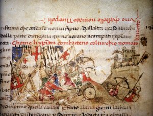 Batalha de Nicópolis: derrota dos cristãos pelo Bayazid I (Turquia), em 28/09/1396 - em "Croniche del Sercambi", por volta de 1400. Arquivo Nacional, Lucca. de Unknown artist