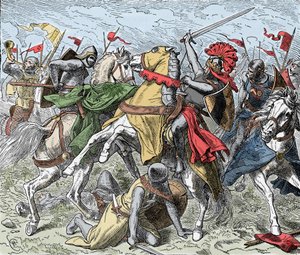 Batalha no Elster: Rudolf da Suábia Mortally Wounded - Revolta dos Saxões (1073-1075): Rodolfo de Rheinfelden (ca. 1025-1080), Duque da Suábia e anti-romanos é ferido fatalmente numa batalha perto do Elster, contra as tropas de Henrique IV de de Unknown artist