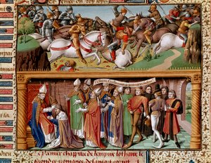 Cena de batalha e coroação do Imperador Lothary II de Supplinburg (ou Lothary III do Santo Império, Imperador do Santo Império Romano) (1075-1137) Miniatura em "Le miroir historiale" (Speculum Historiale) (ms. 1196 fol. 245 r.) de Vincent de Beauvais (11 de Unknown artist