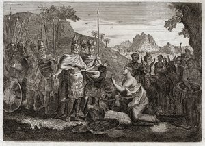 Bíblia de Royaumont, Velho Testamento: Abigail. Abigail, esposa de Nabal, acalma a raiva de Davi com a sua sabedoria. Ilustração de 1811. de Unknown artist