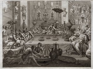 Bíblia de Royaumont, Velho Testamento: Balthazar condena. O rei Baltazar (Belshatsar) na mesa vê uma mão que em três palavras escreve o final de sua sentença. Ilustração de 1811. de Unknown artist