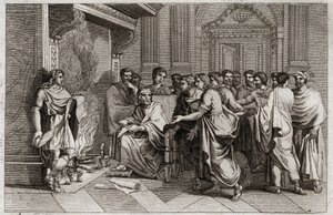 Bíblia de Royaumont, Velho Testamento: O profeta Baruch. O rei Joaquim (Joacim, Joaquim, Jeconomias) corta o pergaminho contendo as profecias de Jeremias transcritas por seu discípulo Baruque (Baruque ben Néria) e o joga no fogo. Ilustração de 1811. de Unknown artist
