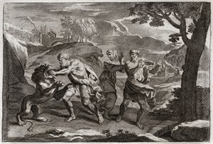 Bíblia de Royaumont, Velho Testamento: Nascimento de Sansão. Sansão faz um leão em pedaços. Ilustração de 1811. de Unknown artist