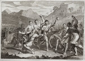 Bíblia de Royaumont, Velho Testamento: Lapídio Blasfemador. Deus faz da pedra um blasfemador do seu santo nome, e outro que violou o santo Shabat (Shabat, Sábado, Sábado, Sábado, Sábado), juntando algumas palhinhas no campo. Ilustração de 1811. de Unknown artist