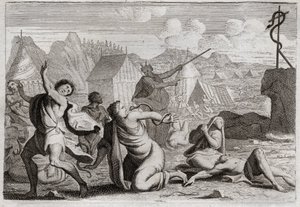 Bíblia de Royaumont, Velho Testamento: Brasen Snake. O povo murmura contra Deus e contra Moisés, é punido com serpentes de fogo, das quais foi ferido por uma serpente de descaramento, que Moisés havia criado para ser vista por todo o povo. Ilustração de Unknown artist