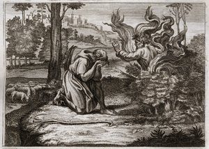 Bíblia de Royaumont, Velho Testamento: Arbusto Ardente. Deus fala a Moisés do meio de um arbusto em chamas. Ilustração de 1811. de Unknown artist
