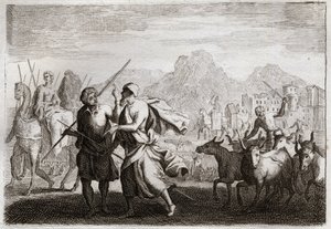 Bíblia de Royaumont, Velho Testamento: Chamada de Abraão. Deus chama Abraão, e lhe ordena que abandone a terra dos caldeus para vir a uma terra que ele prometeu dar-lhe. Ilustração de 1811. de Unknown artist