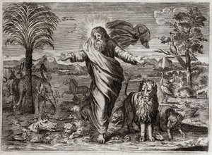 Bíblia de Royaumont, Velho Testamento: A Criação do Mundo. Deus arrasta o Céu e a Terra do nada, e em seis dias adorna-a e ao povo de Criaturas de todo tipo. Ilustração de 1811. de Unknown artist