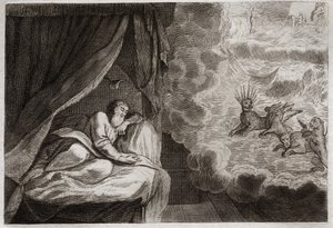 Bíblia de Royaumont, Velho Testamento: A visão de Daniel sobre as quatro Monarquias de Assírios, Persas, Gregos e Romanos. Eles vêem quatro monstros: Haniel, Kafziel, Azriel, Aniel. Ilustração de 1811. de Unknown artist