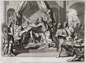 Bíblia de Royaumont, Velho Testamento: David toca harpa. Saul sendo rejeitado por Deus, é tomado pelo espírito maligno. Estamos à procura de um homem que saiba tocar harpa, para aliviá-lo no seu mal. Ilustração de 1811. de Unknown artist