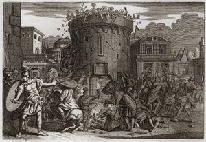 Bíblia de Royaumont, Velho Testamento: Morte de Abimeleque. Abimeleque (Abimelec ou Aimeleque ou Aimeleque) é morto por uma mulher que o bate com uma pedra no cerco de Tebetz. Ilustração de 1811. de Unknown artist