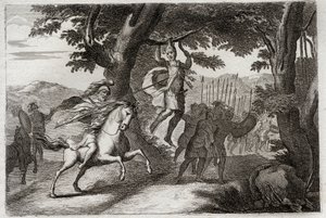 Bíblia de Royaumont, Velho Testamento: Morte de Absalom. Absalom (ou Avshalom, Absalom) fugindo da batalha é apanhado pelos cabelos tem um carvalho, ou Joab perfura-lhe o coração de três dardos. Ilustração de 1811. de Unknown artist