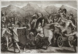 Bíblia de Royaumont, Velho Testamento: Morte de Ahab. Ahab (Akhab) fez guerra contra a Síria, e foi morto com uma flecha aleatória. Ilustração de 1811. de Unknown artist
