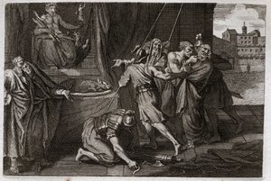 Bíblia de Royaumont, Velho Testamento: Morte de Eleazar. O velho santo Eleazar foi morto por ordem de Antiochos IV Epifânio (175-164 a.C.), porque ele não queria fingir comer carnes defendidas. Ilustração de 1811. de Unknown artist