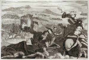Bíblia de Royaumont, Velho Testamento: Morte de Judas. Derrota de Demetrios I Soter e Nicanor. Morte de Judas Machabee (Maccabee, Macabee) em batalha. Ilustração de 1811. de Unknown artist