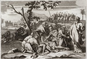 Bíblia de Royaumont, Velho Testamento: Morte do perverso Antioquia. A terrível morte do rei Antíoco IV Epifânio (175-164 a.C.) após a queda de um cavalo. Ilustração de 1811. de Unknown artist
