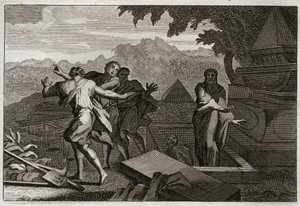 Bíblia de Royaumont, Velho Testamento: A morte sobe. Um homem morto foi deixado cair por acaso no túmulo de Eliseu, e ressuscitou ao tocar seus ossos. Ilustração de 1811. de Unknown artist