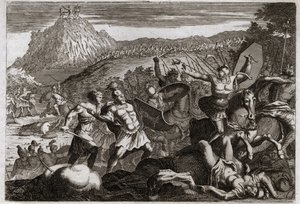Bíblia de Royaumont, Velho Testamento: Derrota de Amalec (Amalek). Moisés obteve a vitória sobre os amalequitas, segurando as mãos altas no céu. Ilustração de 1811. de Unknown artist