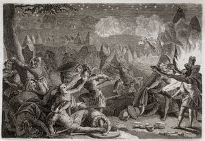 Bíblia de Royaumont, Velho Testamento: Derrota dos Midianitas pelo som das trombetas e pelas luzes das lâmpadas. Ilustração de 1811. de Unknown artist