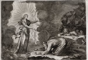 Bíblia de Royaumont, Velho Testamento: Delivrance de Daniel. Daniel, na cova dos leões, está milagrosamente bêbado. Ilustração de 1811. de Unknown artist