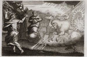 Bíblia de Royaumont, Velho Testamento: Elias está encantado no céu. Elias é levado ao céu em uma carruagem de fogo na presença de seu discípulo. Eliseu recebe dele sua mente dupla: ele divide as águas do Jordão com o manto de Elias. Ilustração de Unknown artist
