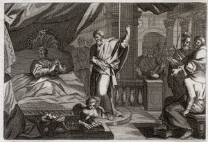 Bíblia de Royaumont, Velho Testamento: Ezechias recebe saúde. O rei Ezechias adoeceu com a morte, recebeu saúde e outros quinze anos de vida. O profeta Isaías (Isaías) anuncia sua guerra: o sinal será empurrar a sombra do relógio para trás por dez degraus. de Unknown artist