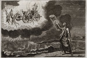Bíblia de Royaumont, Velho Testamento: O profeta Ezequiel. Santo Profeta teve uma visão onde o Senhor lhe apareceu em um carrinho, carregado por quatro querubins (tetramorfo). Ilustração de 1811. de Unknown artist
