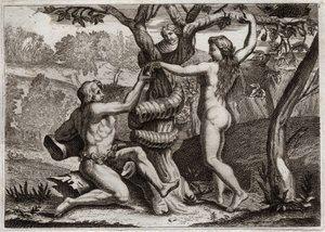 Bíblia de Royaumont, Velho Testamento: A queda de Adão. O demônio sob a face de uma cobra fala com Eva, e a tenda para comer frutas proibidas: Eva cai e também provoca a queda de Adão. Ilustração de 1811. de Unknown artist
