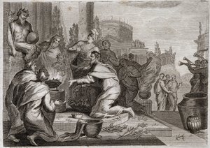 Bíblia de Royaumont, Velho Testamento: Queda de Salomão. Salomão é corrompido por mulheres e oferece incenso aos ídolos dos falsos deuses. A sua morte. Ilustração de 1811. de Unknown artist