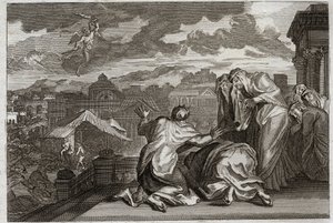 Bíblia de Royaumont, Velho Testamento: "Fleau of the Plague". E tendo Davi feito a sombra de todo o seu povo por um movimento vaidoso, Deus aflige o seu reino com uma peste que leva setenta mil homens em três dias. Ilustração de 1811. de Unknown artist